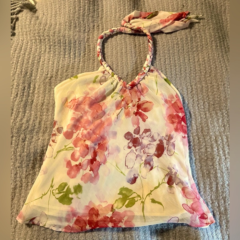 Zara White Pink Floral Halter Top Size L Chiffon Summer Boho Festival